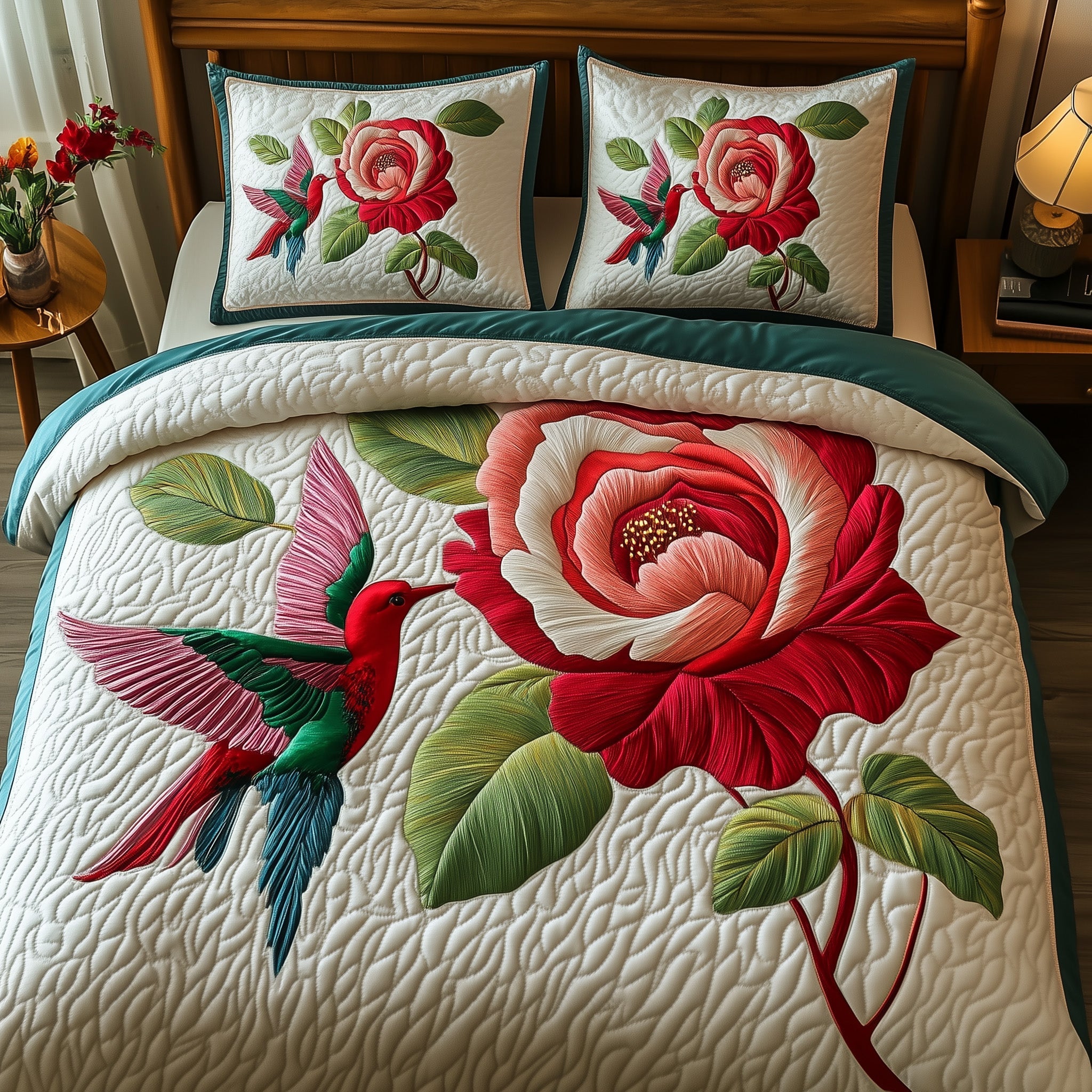 Rose And Hummingbird Quilted Bedding Set Birthday Gift