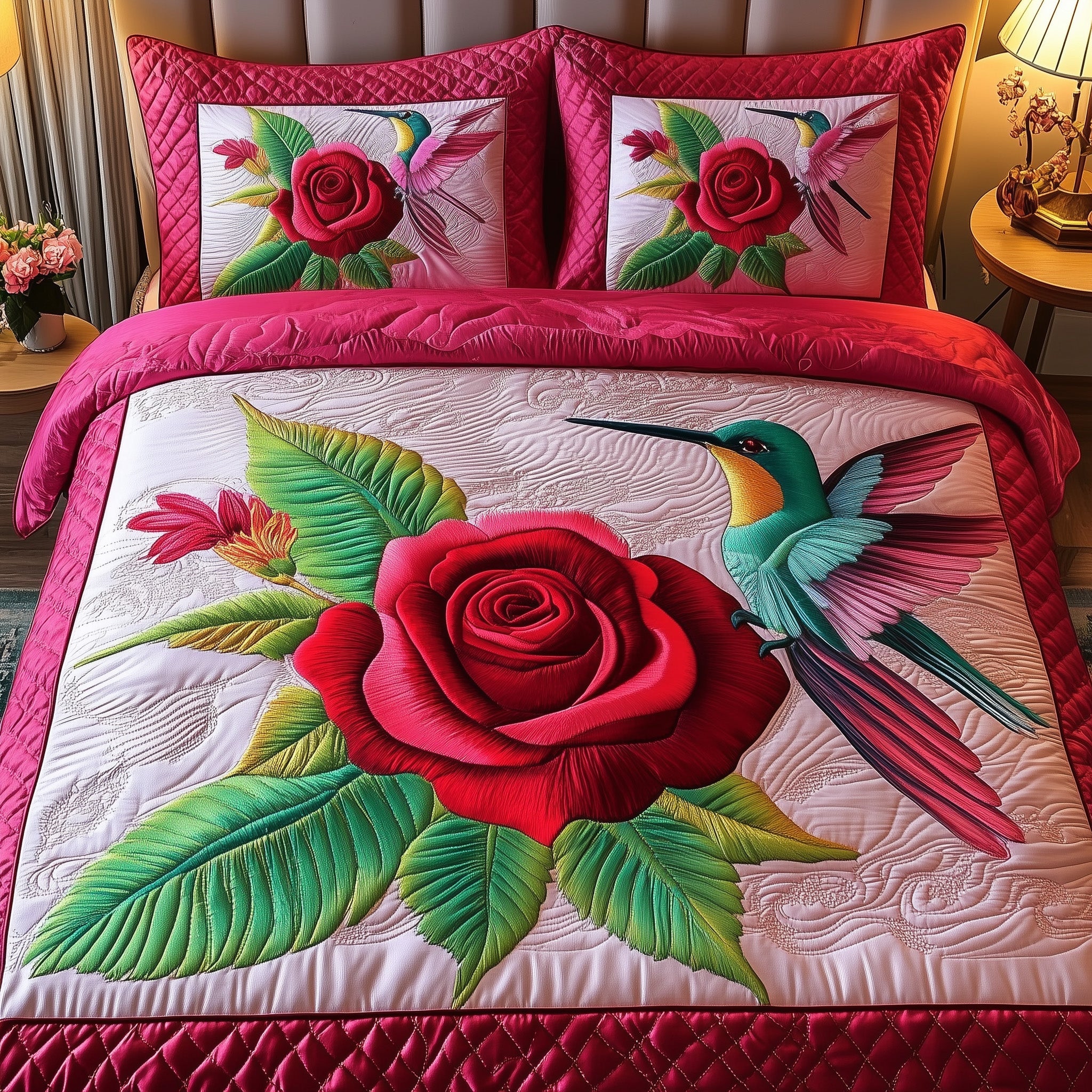 Rose And Hummingbird Quilted Bedding Set Duvet Cover Bedspread Great Hummingbird Lover Gift Ideas