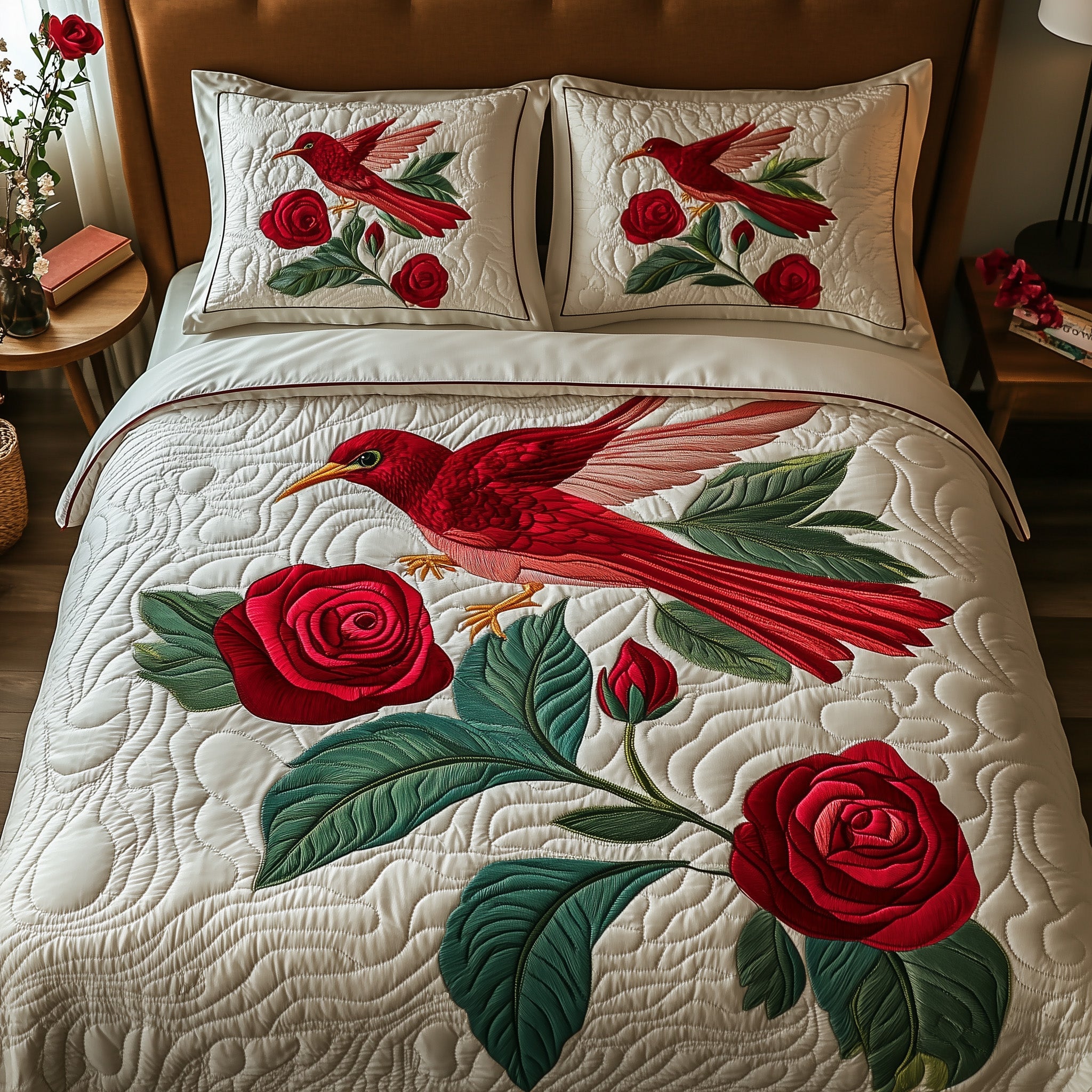 Rose And Hummingbird Quilted Bedding Set Duvet Cover Bedspread Hummingbird Themed Gift Items