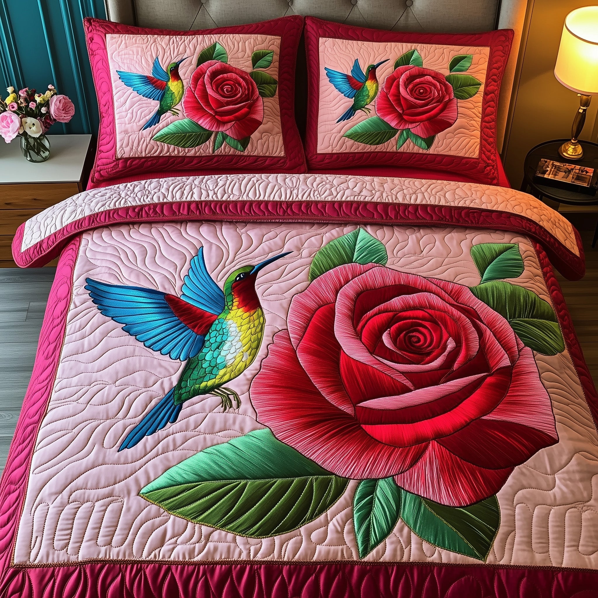 Rose And Hummingbird Quilted Bedding Set Duvet Cover Bedspread Novelty Hummingbird Presents Xmas