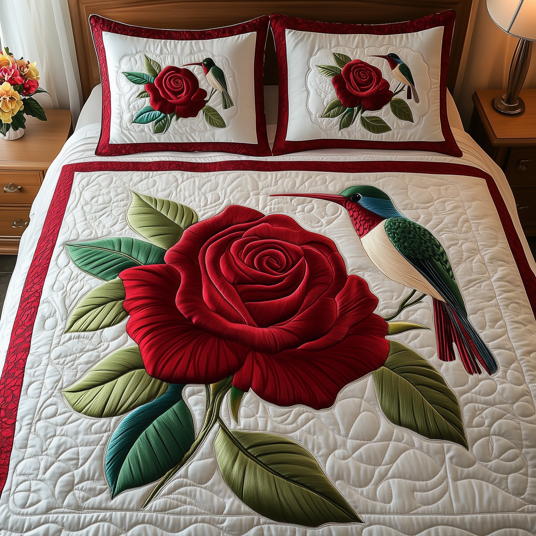 Rose And Hummingbird Quilted Bedding Set For Women