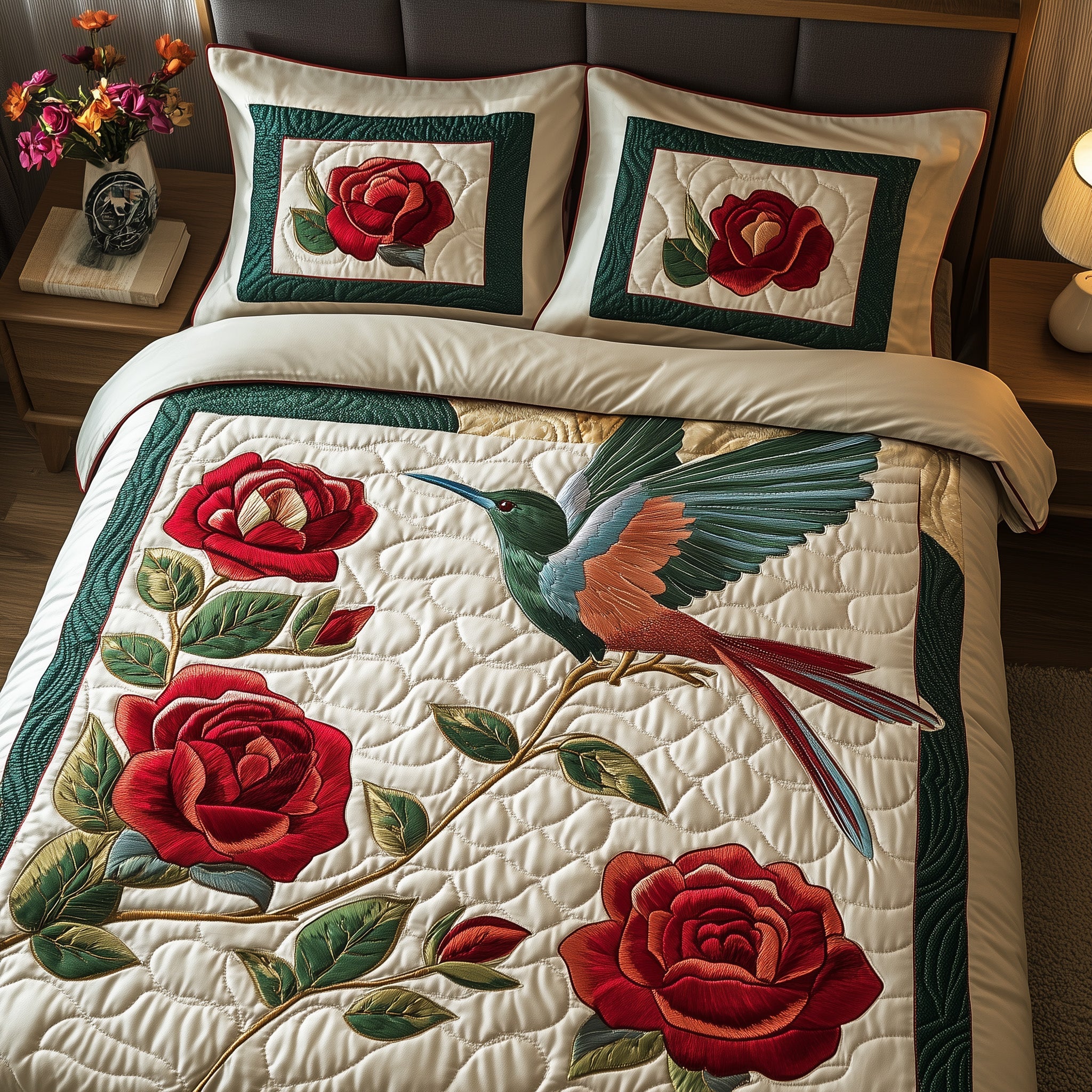 Rose And Hummingbird Quilted Bedding Set Holiday Gift