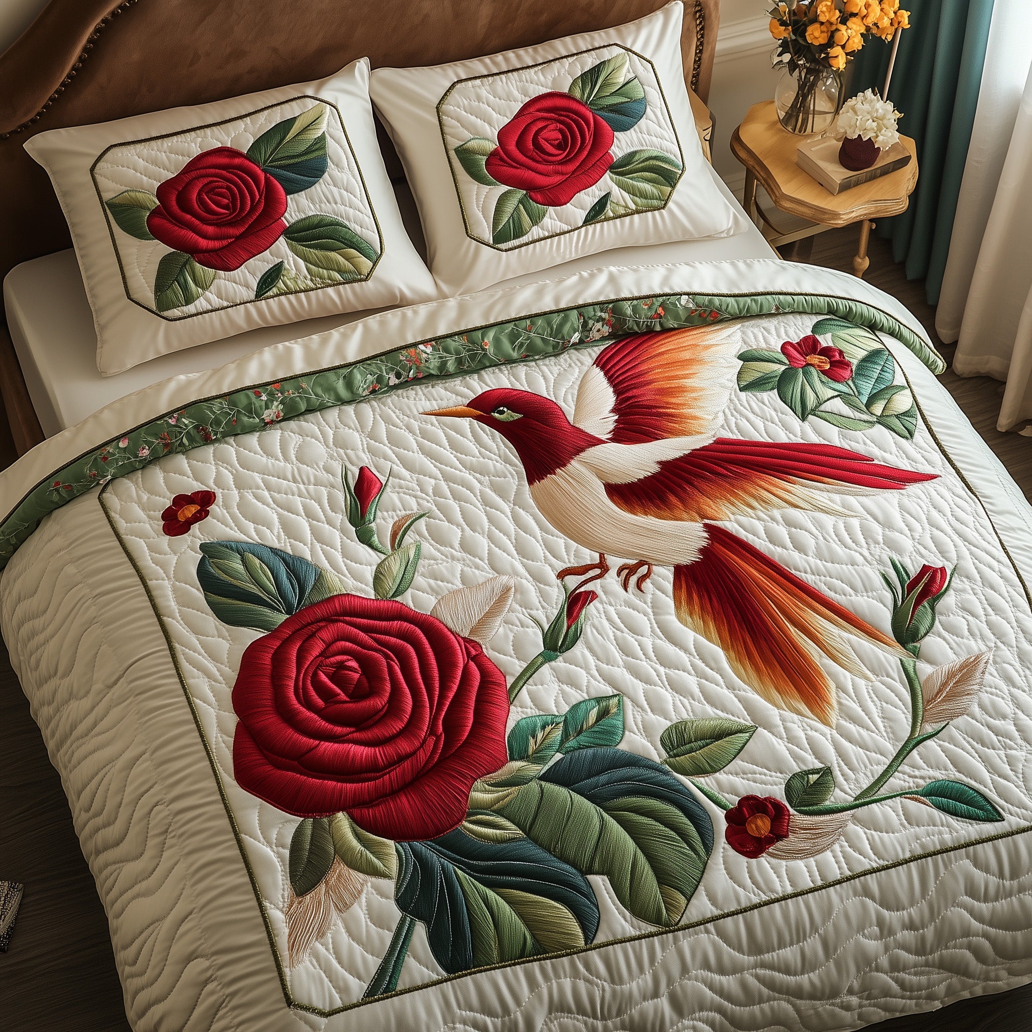 Rose And Hummingbird Quilted Bedding Set Refresh Your Room