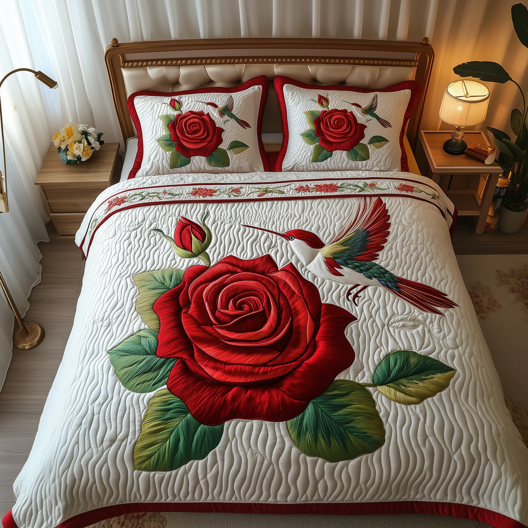 Rose And Hummingbird Quilted Bedding Set Wedding Gift