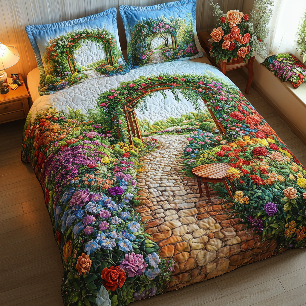 Rose Archway Quilted Bedding Set Cute Bedroom Decor Best Gifts For Flower Lovers