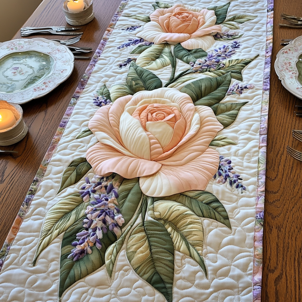 Rose Blossom Quilted Table Runner Dining Table Decor Gifts For The Flower Lover