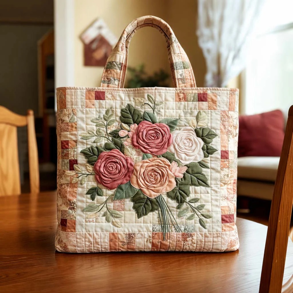 Rose Bouquet Floral Patchwork Quilted Tote Bag Romantic Flower Lover Botanical Nature Gift For Mom