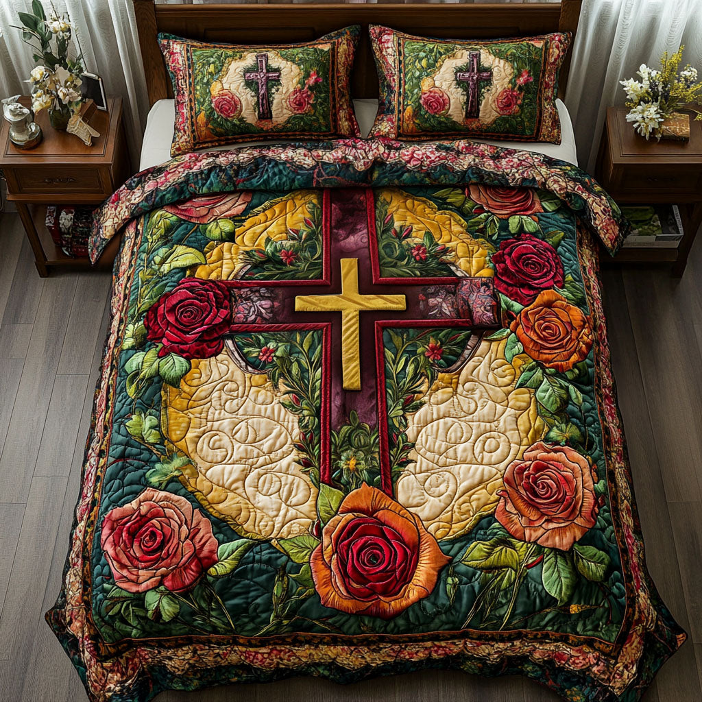 Rose Cross Quilted Bedding Set Stylish Bedding Merch Gift for Home Lovers