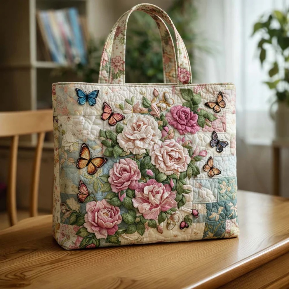 Rose Garden Butterfly Florals Quilted Tote Bag Botanical Patchwork Romantic Nature Gift For Her