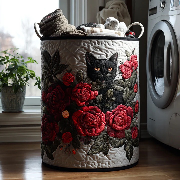 Rose Garden Cat Quilted Laundry Basket Boho Floral Cat Home Decor Best Gift For Cat Mom
