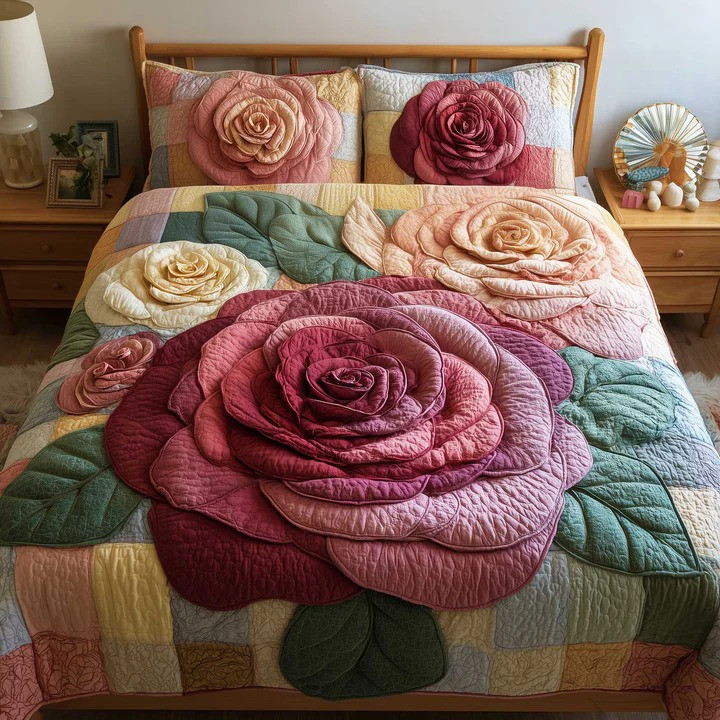 Rose Garden Patchwork Quilted Bedding Set Floral Bedroom Decor Best Gift For Mom Garden Lovers