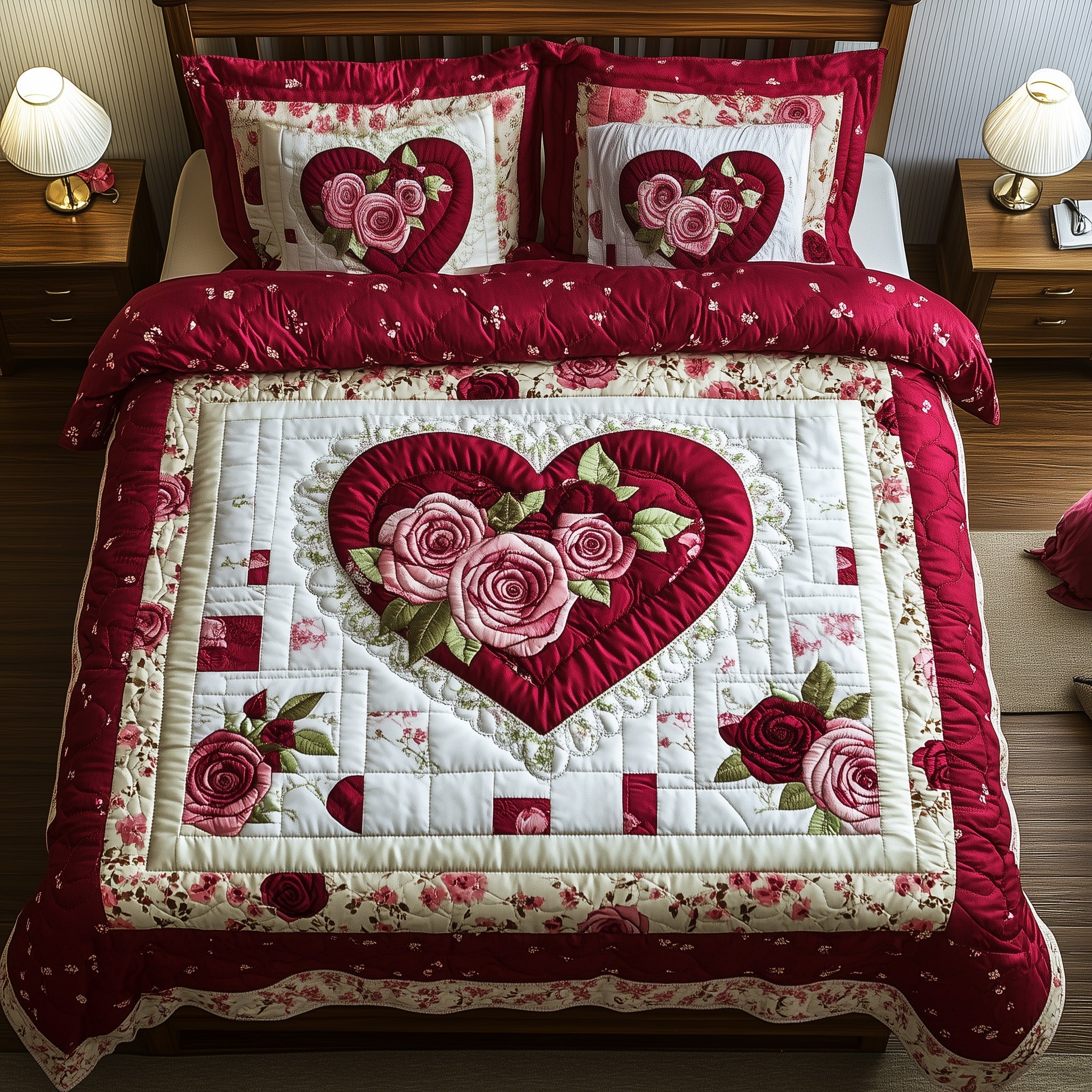 Rose Hear Quilted Bedding Set Duvet Cover Bedspread Valentine Gifts For Girlfriend