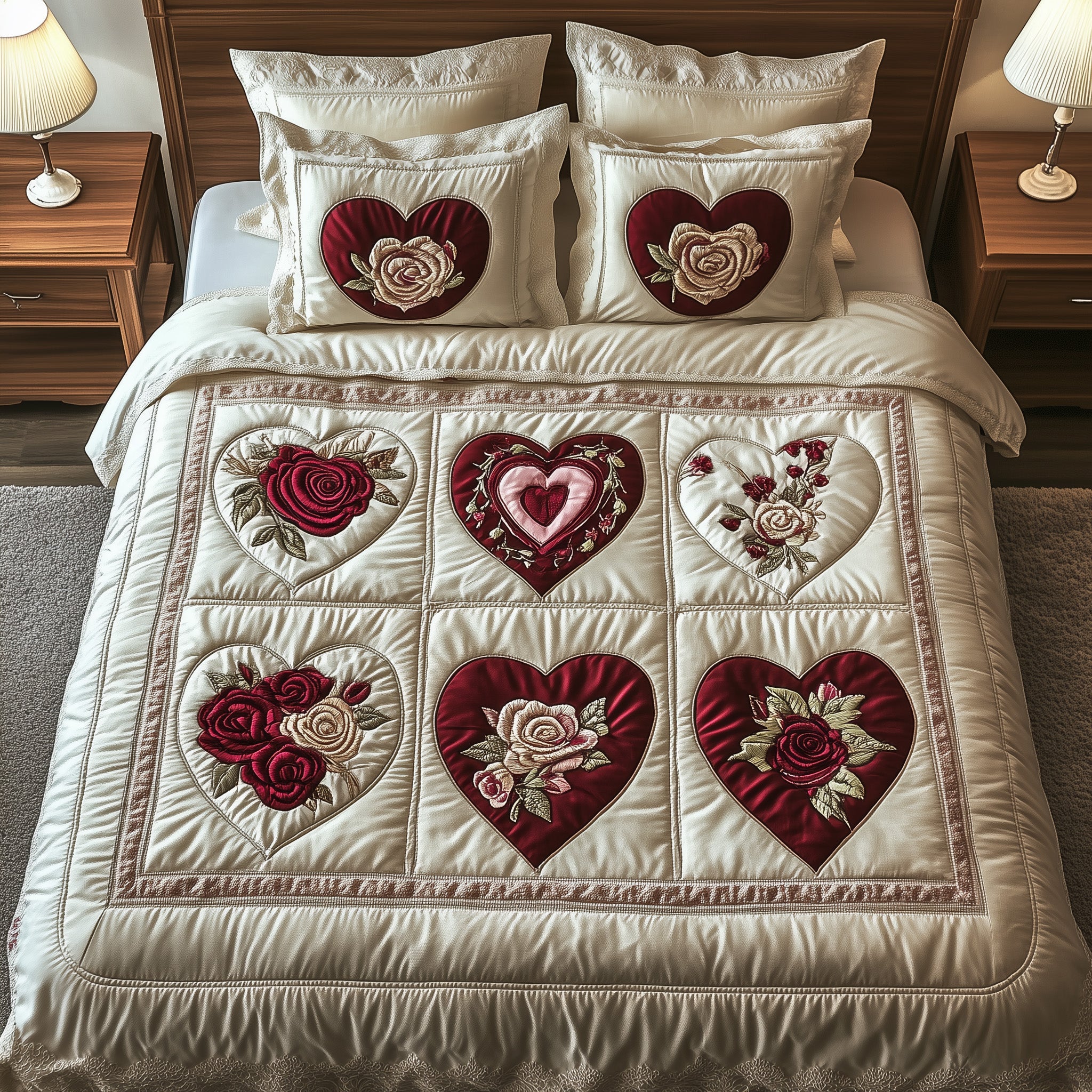 Rose Hear Quilted Bedding Set Duvet Cover Bedspread Valentine Gifts For Lovers