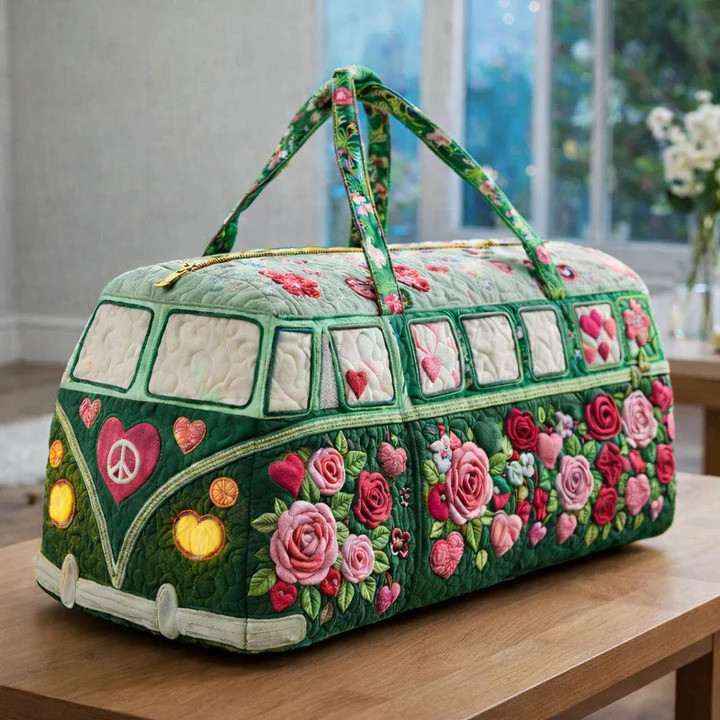 Rose Heart Love VW Bus Quilted Duffle Bag Romantic Travel Bag Best Gift For Couples