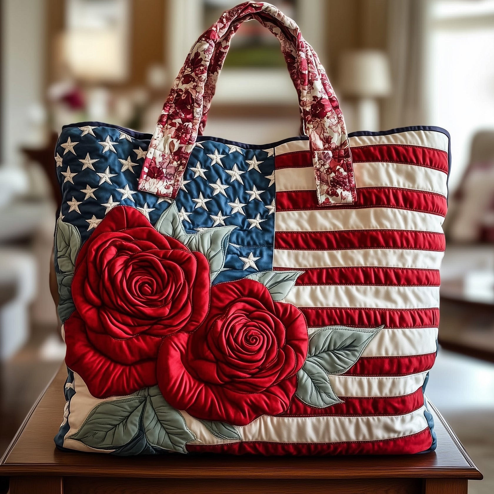 Rose Patriotic USA Flag Quilted Tote Bag Gifts For Mom Rose Patriotic USA Flag Quilted Tote Bag Gifts For Mom