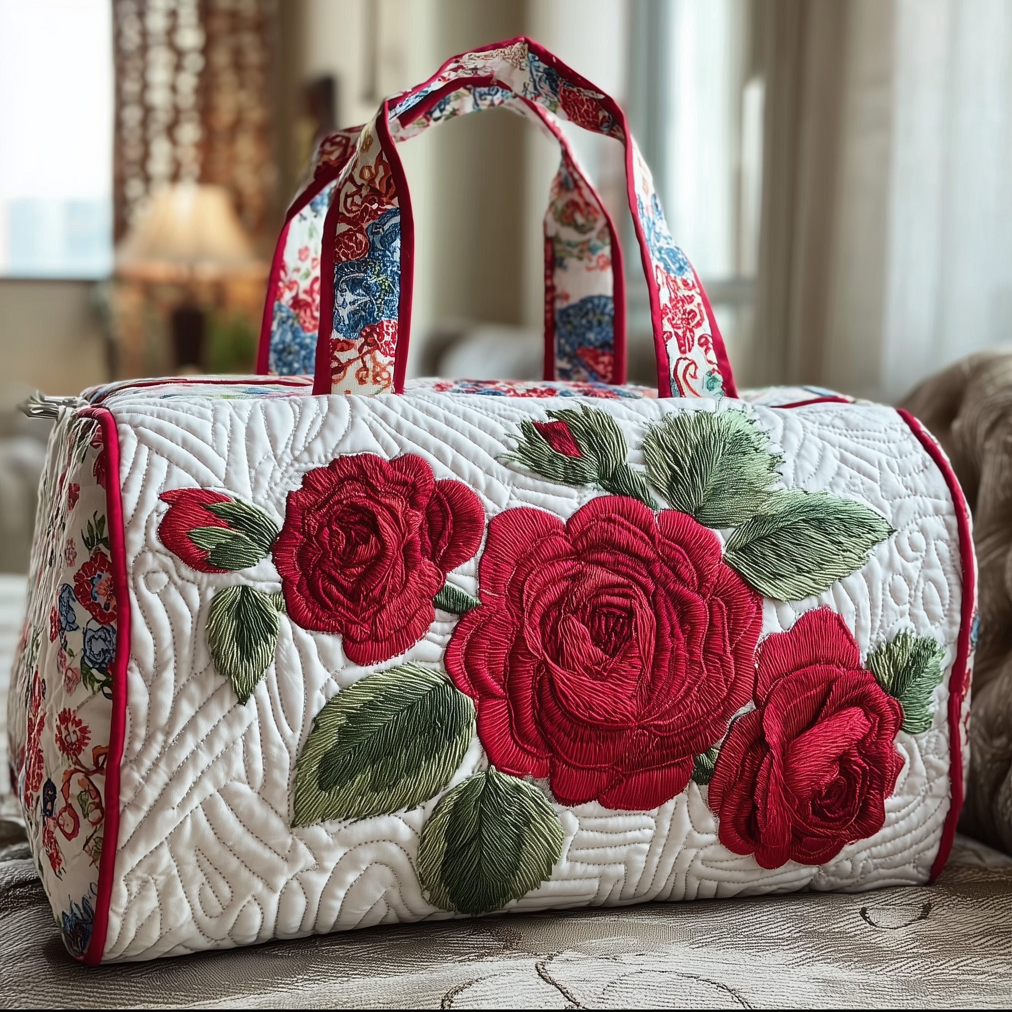 Rose Quilted Duffle Bag Organized Storage Pockets