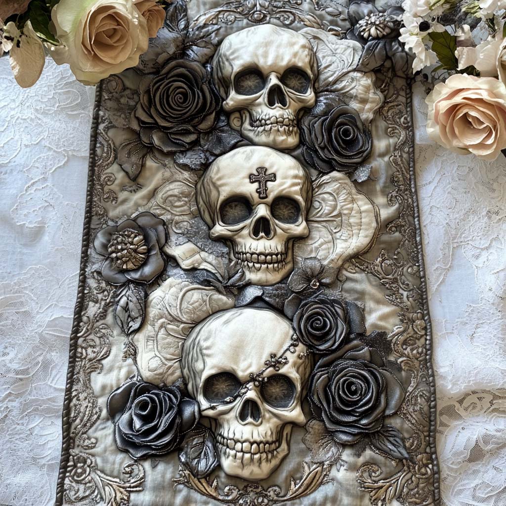 Rose Reaper Quilted Table Runner Sugar Skull Table Runner Family Holiday Gifts