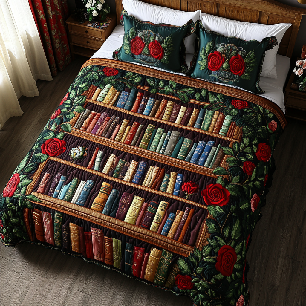 Rose Shelves Quilted Bedding Set Best Bed Sheet Set Book Lovers Gifts For Brothers