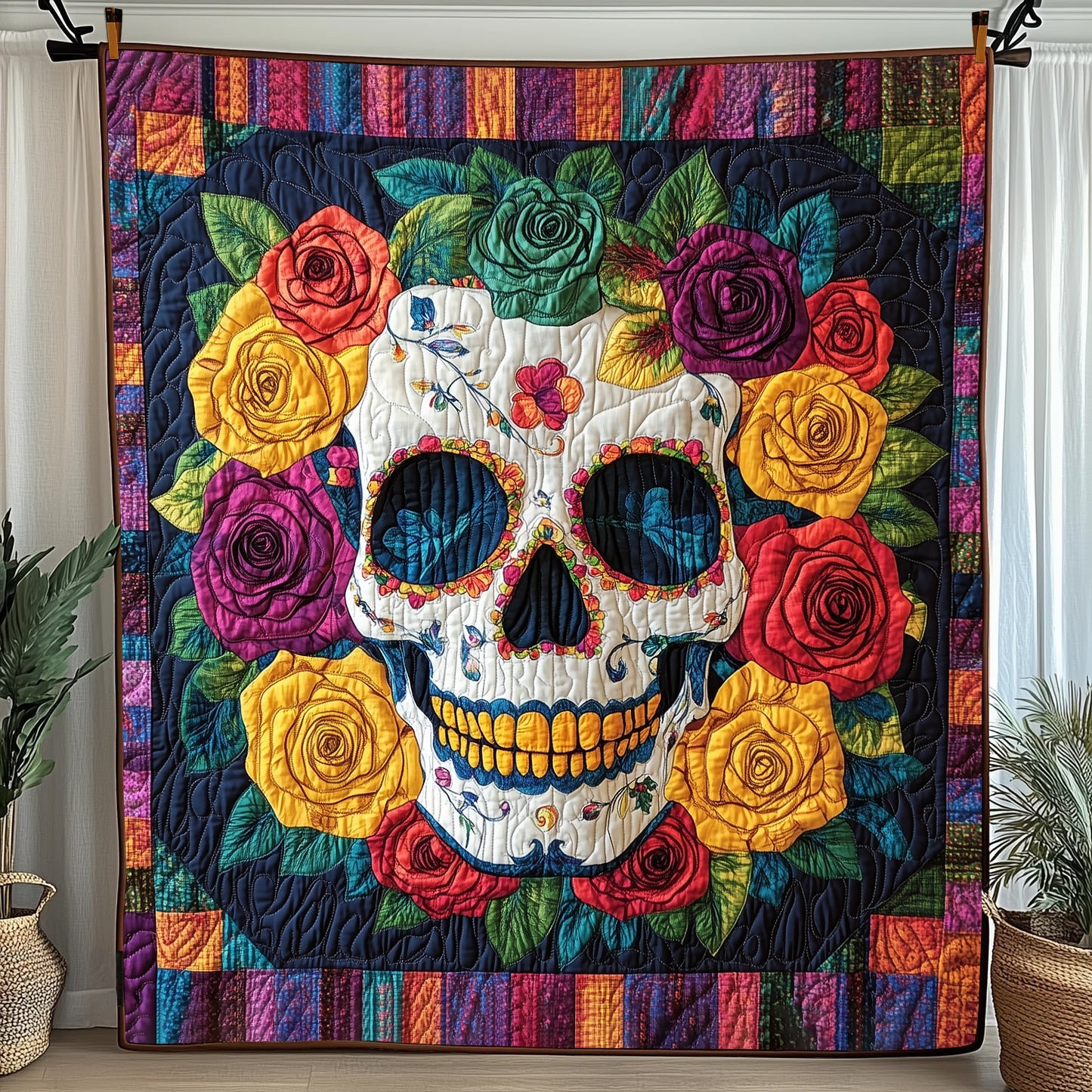 Rose Skull Quilted Blanket Merchandise Throw BlanketCool Skull Gifts For Her