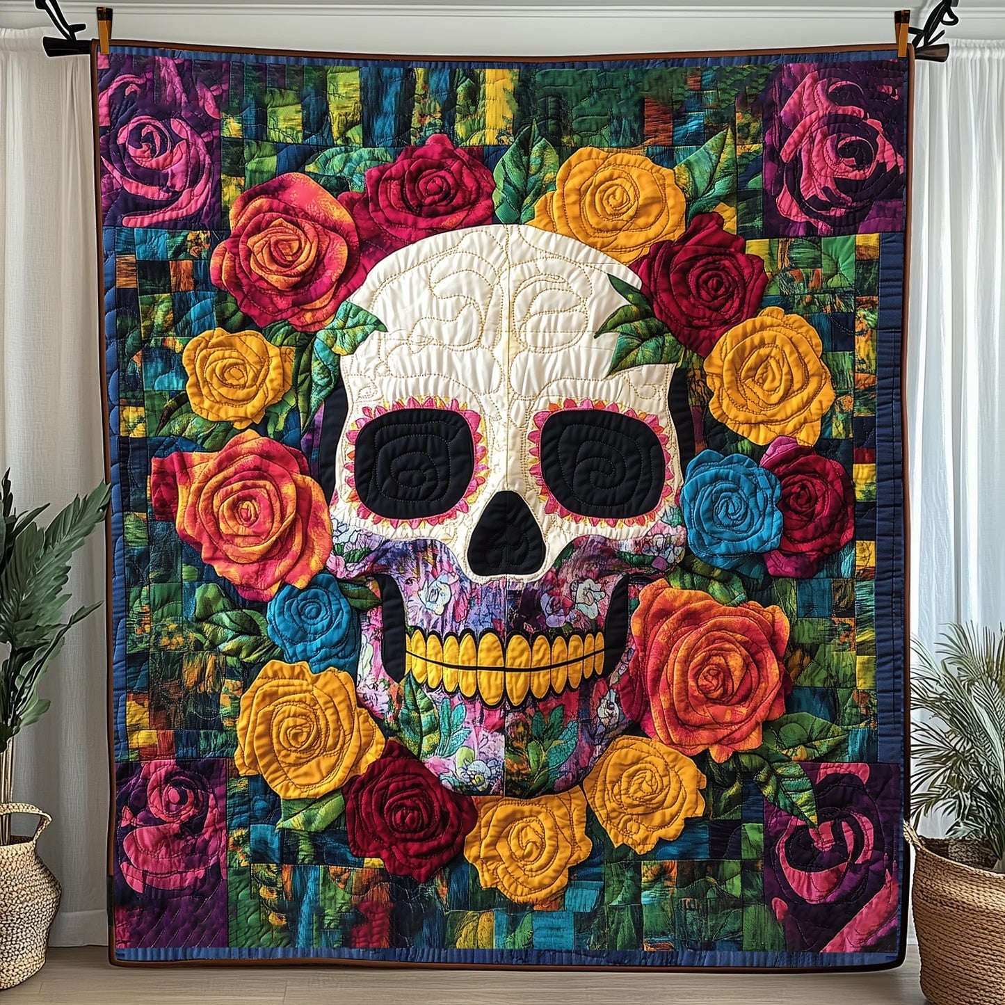 Rose Skull Quilted Blanket Merchandise Throw BlanketSkull Gifts For Men