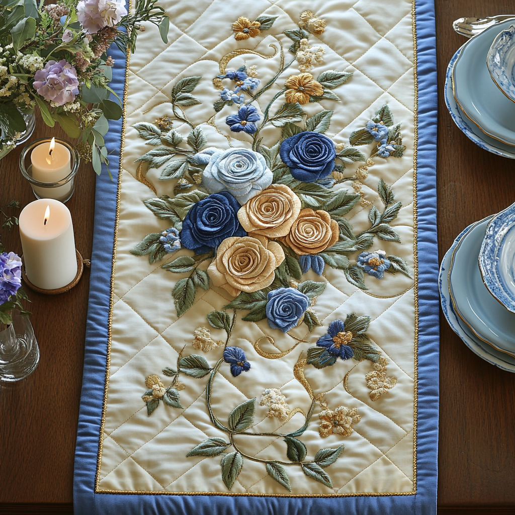 Roses Elegance Quilted Table Runner Dining Room Table Decor Christmas Flower Gifts