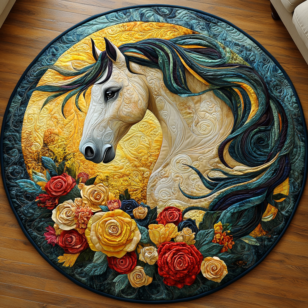 Roses Horse Quilted Round Mat Front Door Decor Gifts For Someone Who Loves Horses