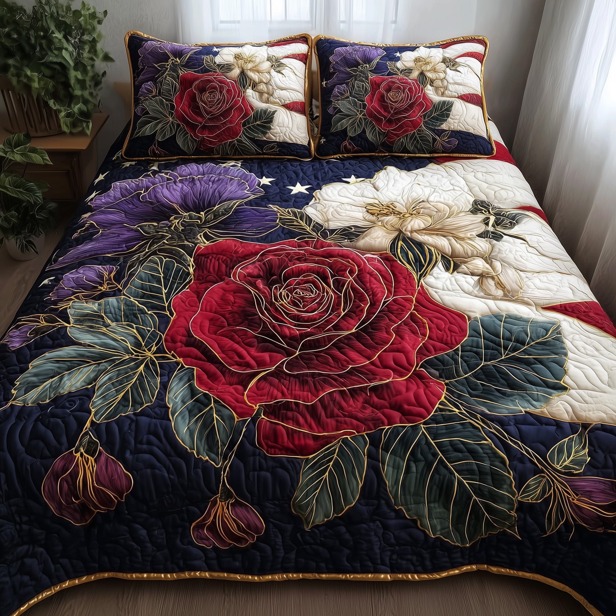 Roses Quilted Bedding Set Unique Pattern