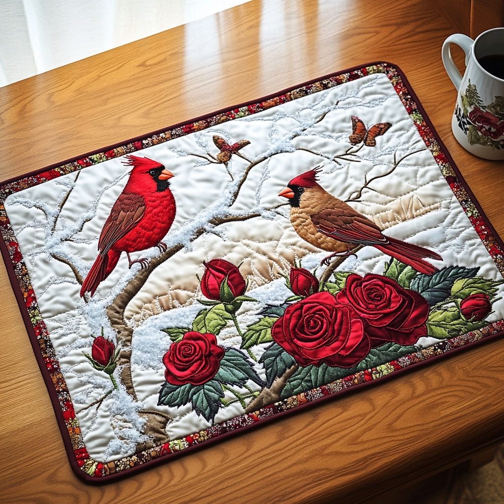 Rosey Cardinals Quilted Placemat Christmas Kitchen Decor Gifts For Bird Enthusiasts