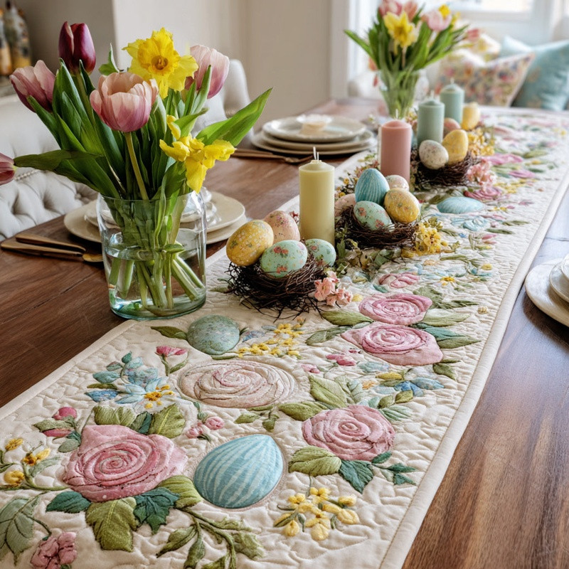Rosey Easter Quilted Table Runner Spring Floral Table Decor Best Gift For Easter Lovers
