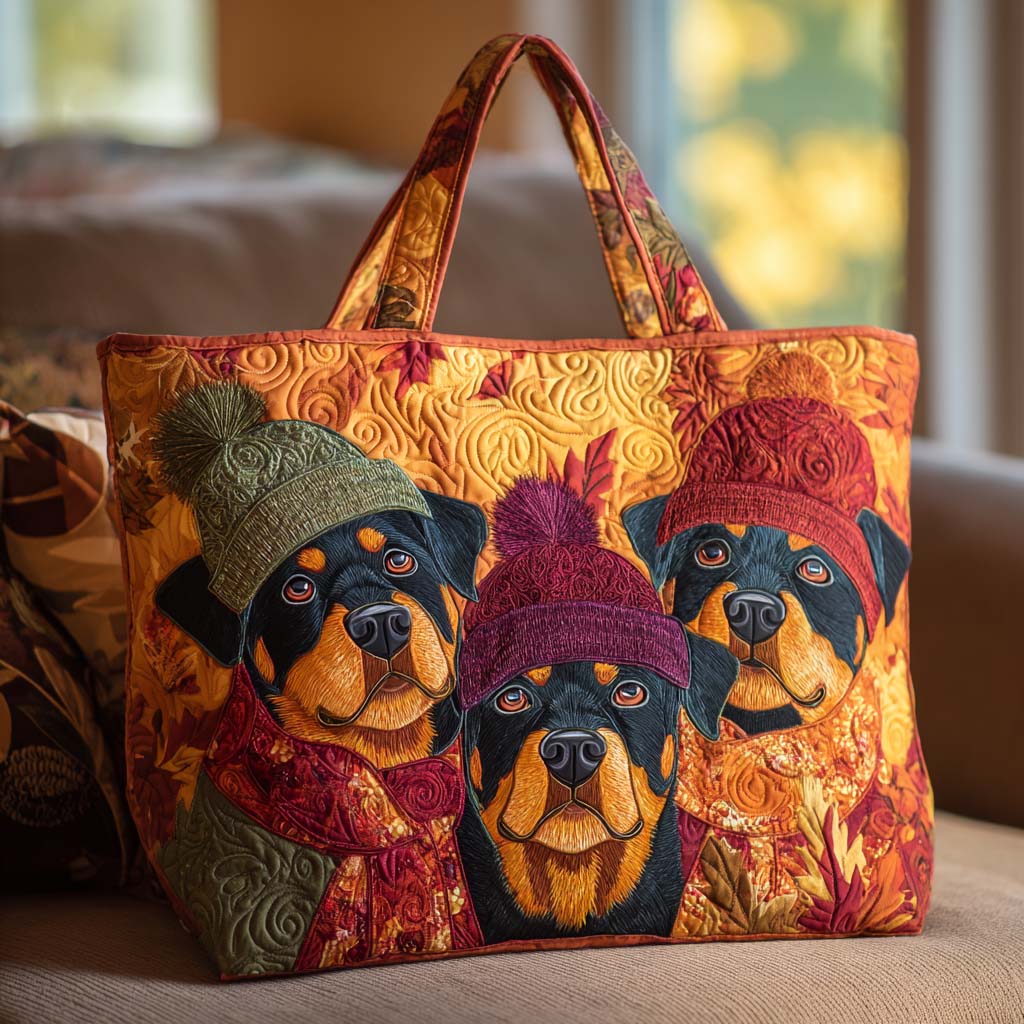 Rottie Autumn Trio Quilted Tote Bag Funny Dog Gifts For Owners