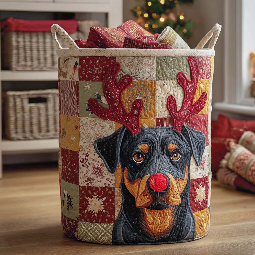 Rottie Reindeer Joy Quilted Laundry Basket Thoughtful Home Organization Gift for Loved Ones