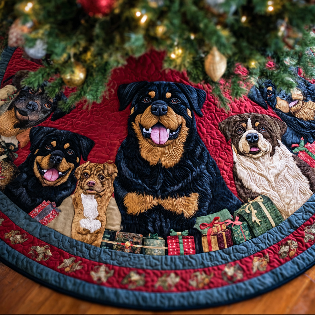 Rottweiler Charm Christmas Quilted Tree Skirt Festive Christmas Tree Skirt for Holiday Decor