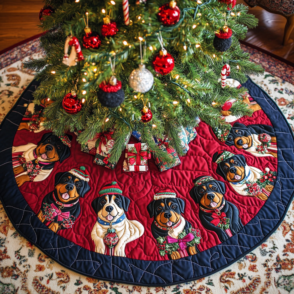 Rottweiler Christmas Joy Christmas Quilted Tree Skirt Lovely Gift Merch for a Festive Home