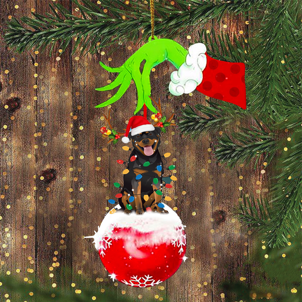 Rottweiler Green Hand With Ornament Cute Dog Christmas Light Ornament Gift For Dog Lover