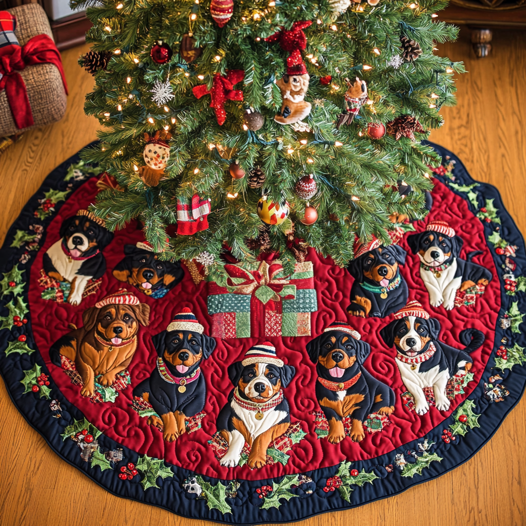 Rottweiler Holiday Joy Christmas Quilted Tree Skirt Magical Christmas Tree Skirt to Impress Guests