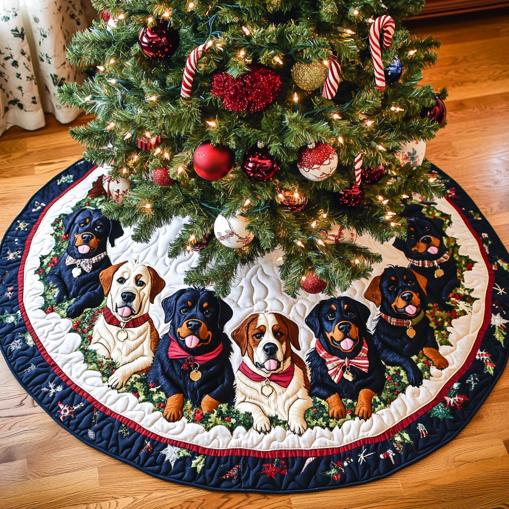 Rottweiler Holiday Spirit Christmas Quilted Tree Skirt Charming Tree Skirt for Family Gatherings