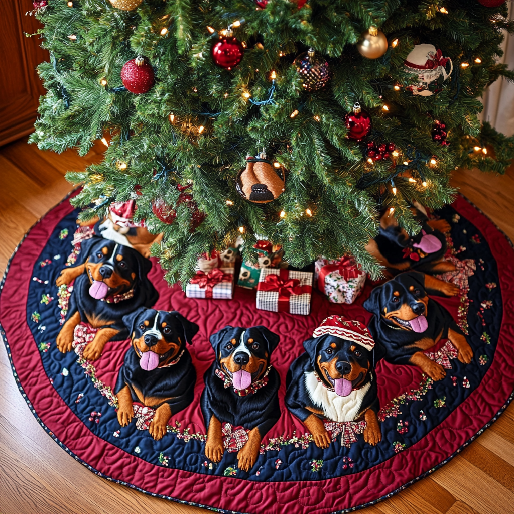 Rottweiler Joy Christmas Quilted Tree Skirt Perfect Tree Skirt Gift for Mom or Grandma