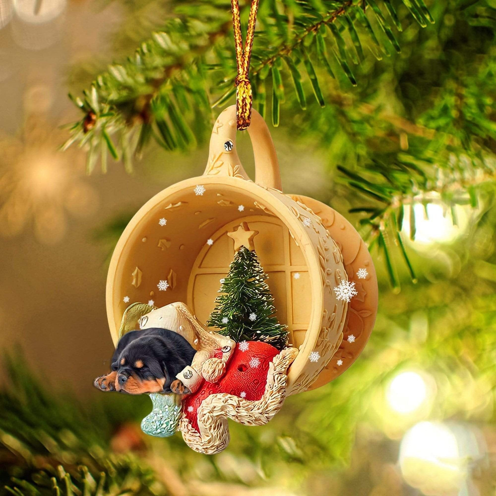 Rottweiler Sleeping In A Cup Christmas Ornament Flat Acrylic Dog Christmas Ornament