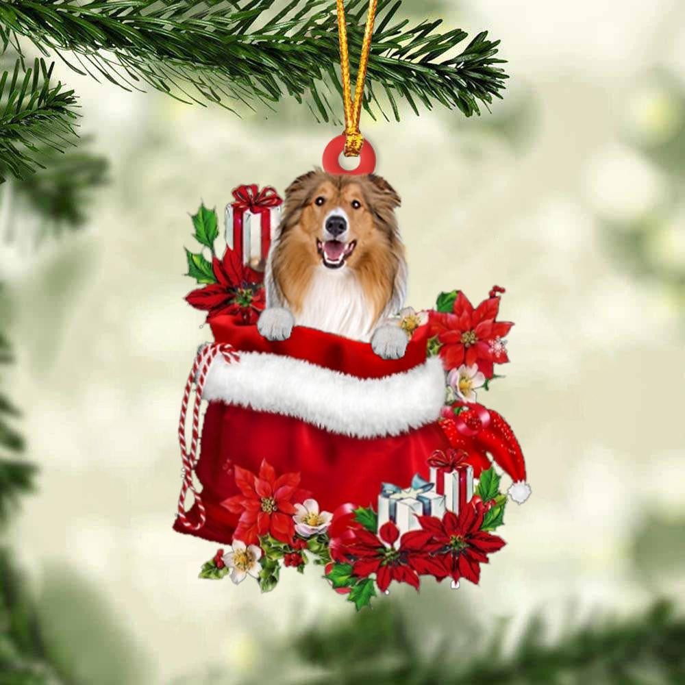 Rough Collie In Gift Bag Christmas Ornament for Dog Lovers Made by Acrylic