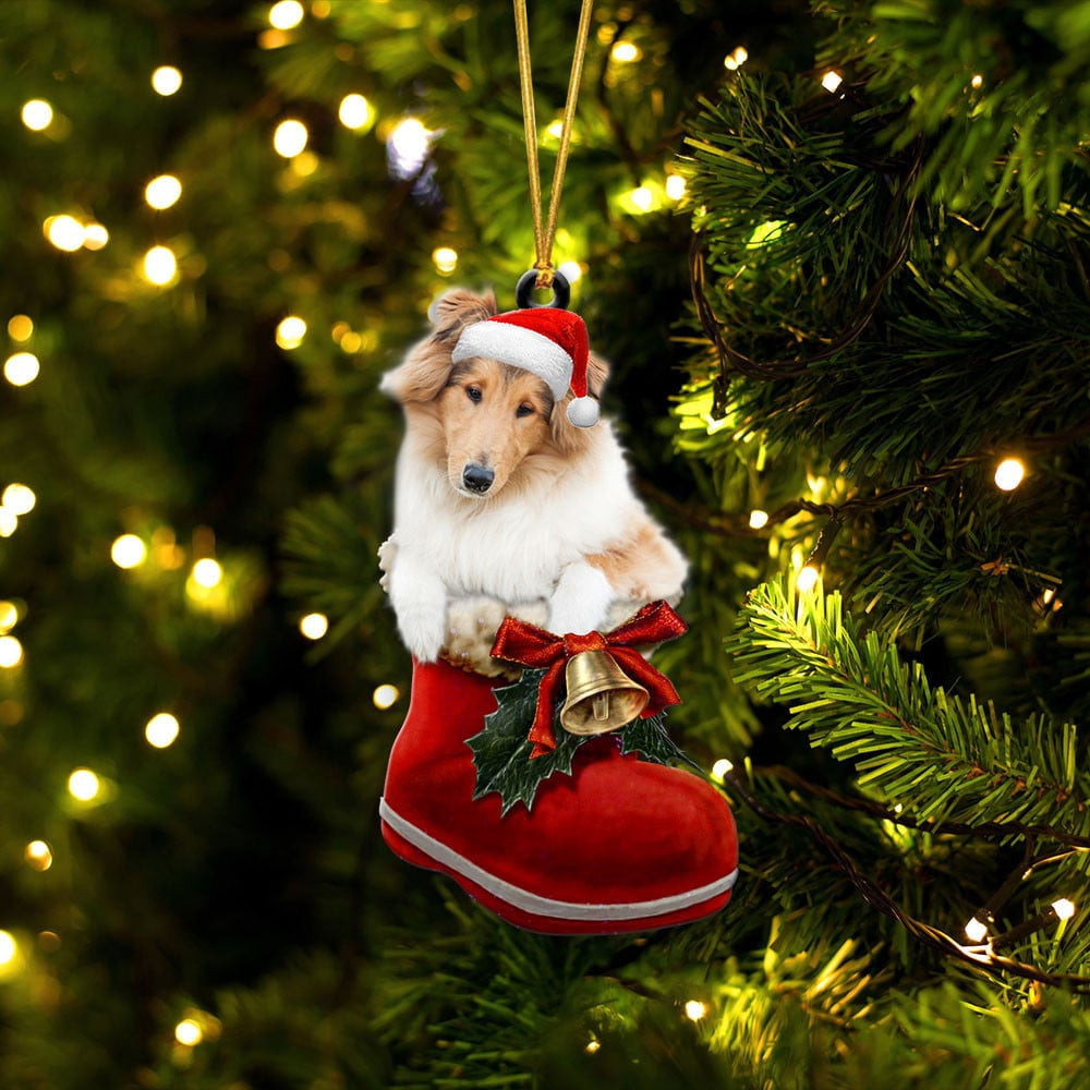 Rough Collie In Santa Boot Christmas Two Sided Ornament