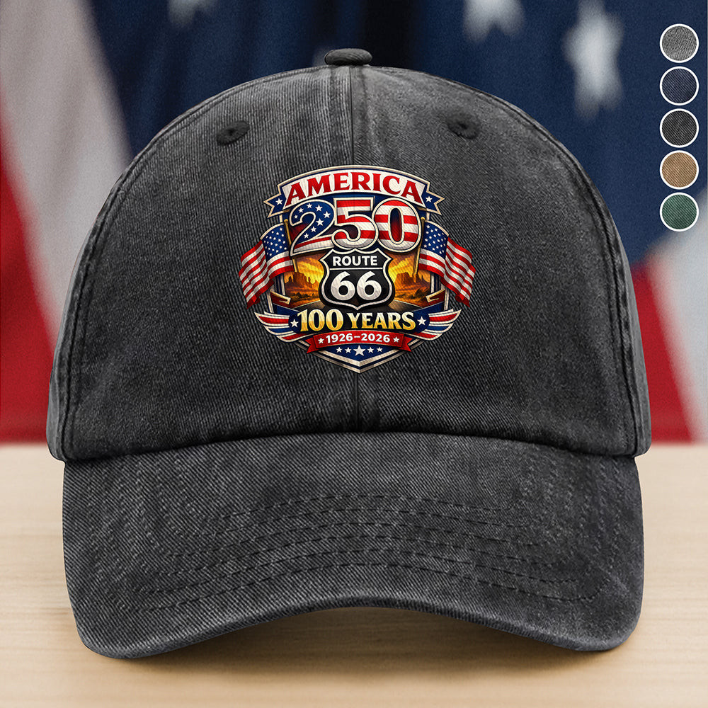 Route 66 X America 250 - 250 Years Of Liberty And 100 Years Of Adventure Washed Denim Baseball Cap America 250 Merchandise Patriotic Fathers Day Gifts