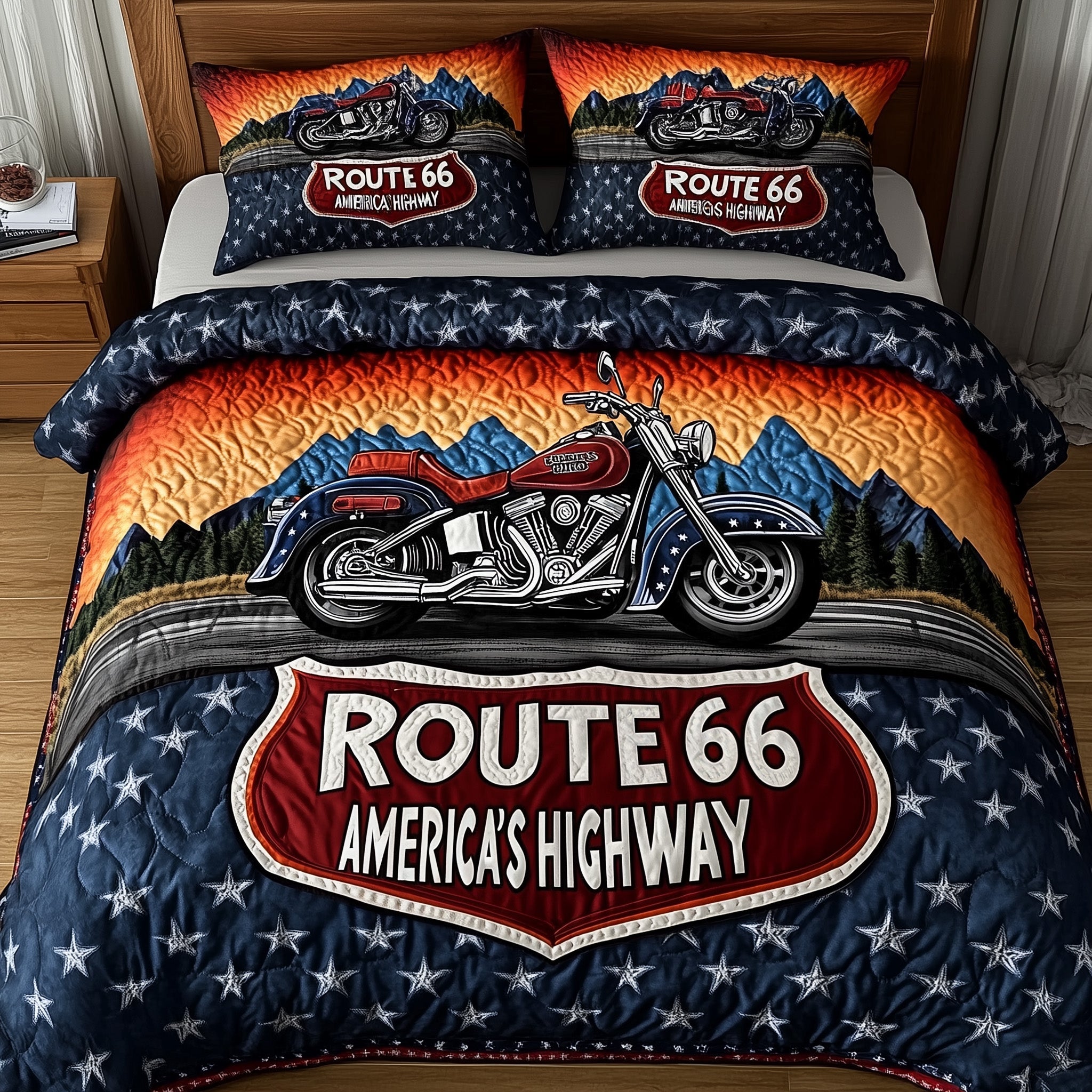 Route American Quilted Bedding Set Duvet Cover Merchandise Best Gifts For Motorcycle Riders