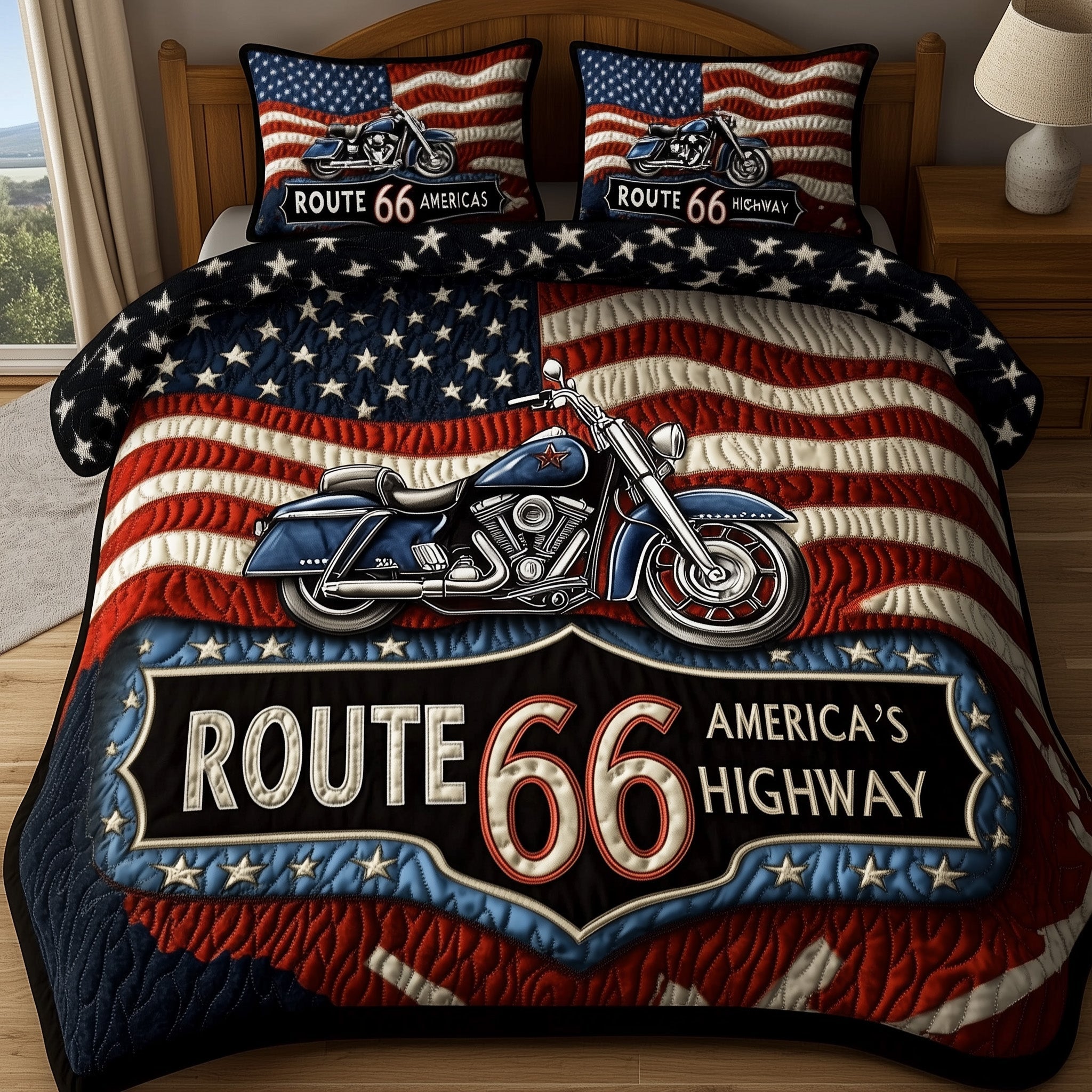 Route American Quilted Bedding Set Duvet Cover Merchandise Gifts For Motorbike Lovers