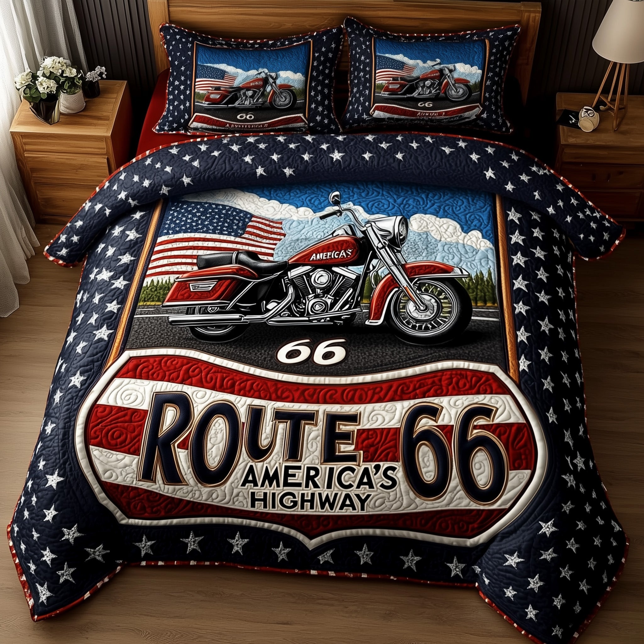 Route American Quilted Bedding Set Duvet Cover Merchandise Gifts For Motorcycle Lovers