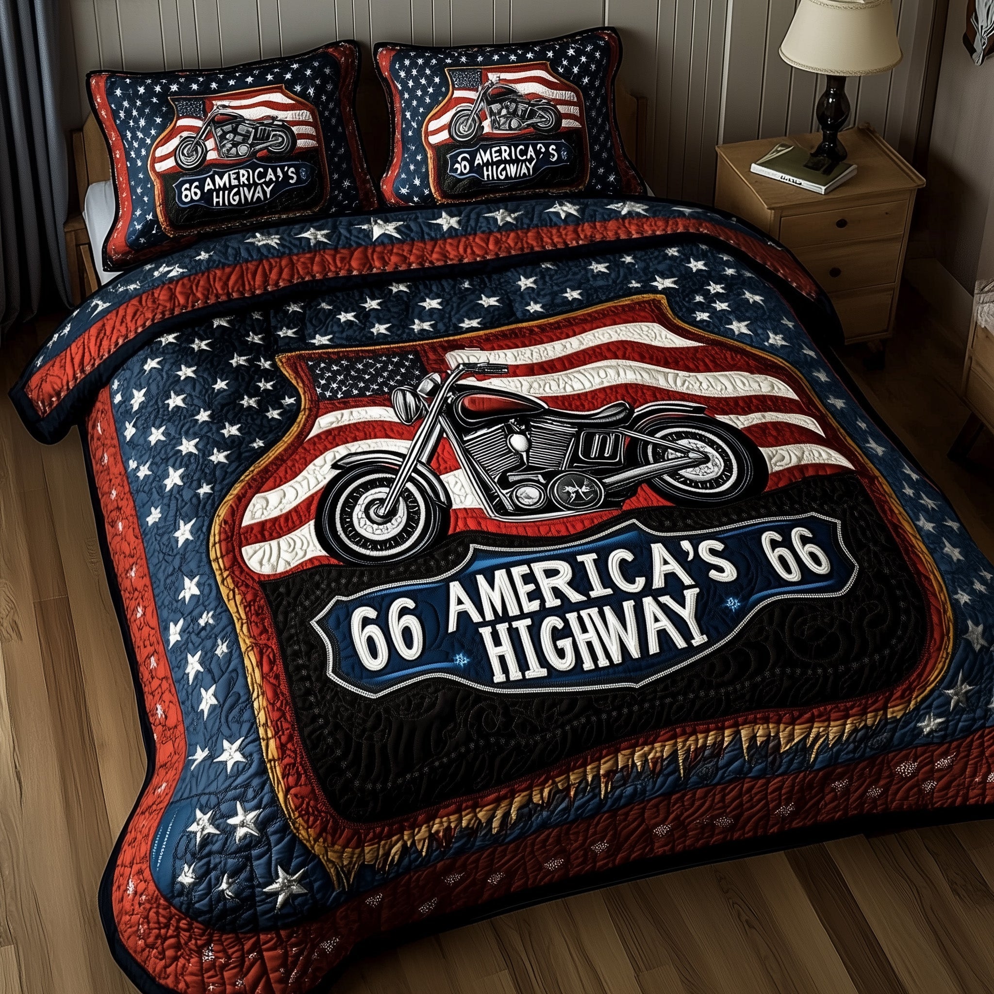 Route American Quilted Bedding Set Duvet Cover Merchandise Motorcycle Gifts For Him