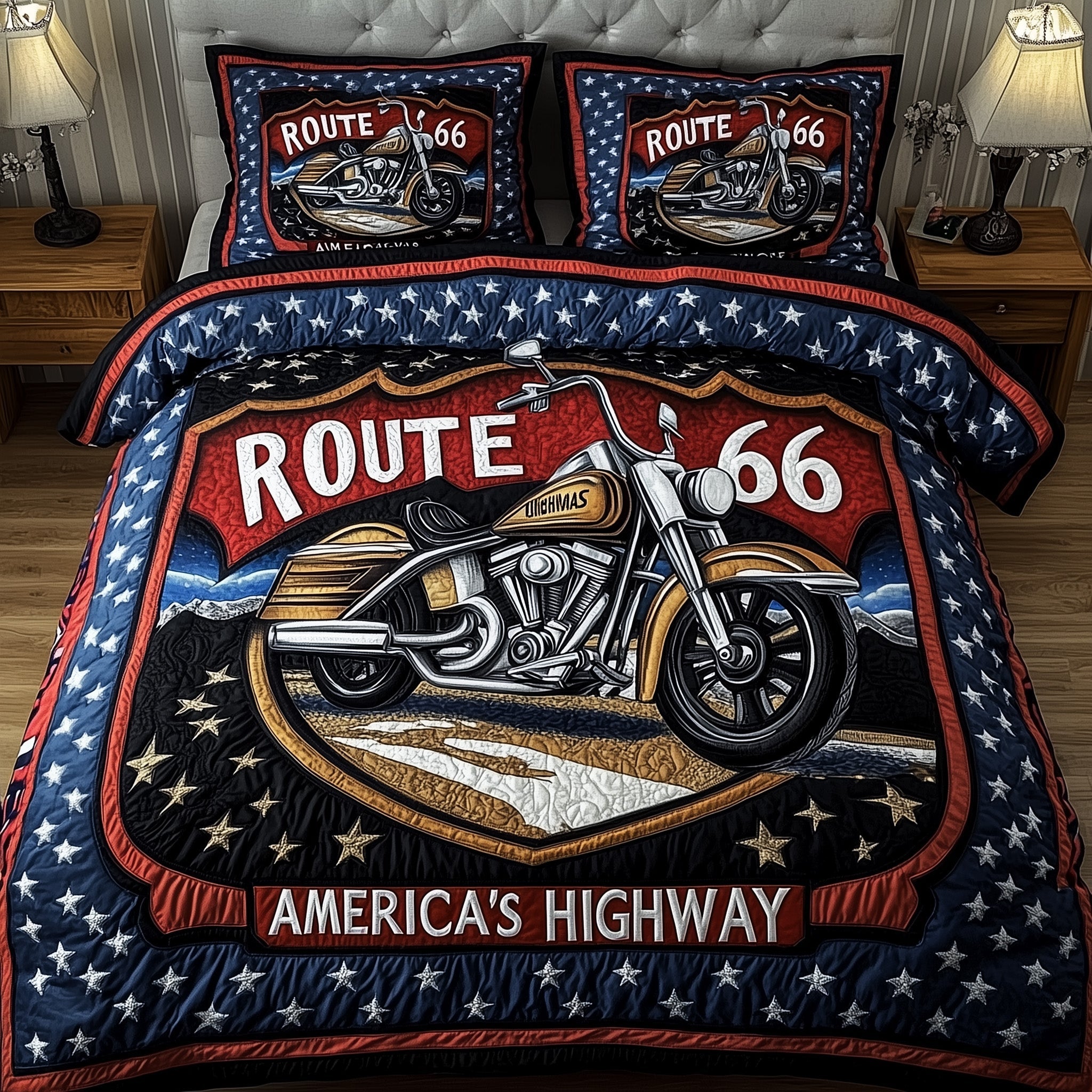 Route American Quilted Bedding Set Duvet Cover Merchandise Unique Gifts For Motorcycle Riders