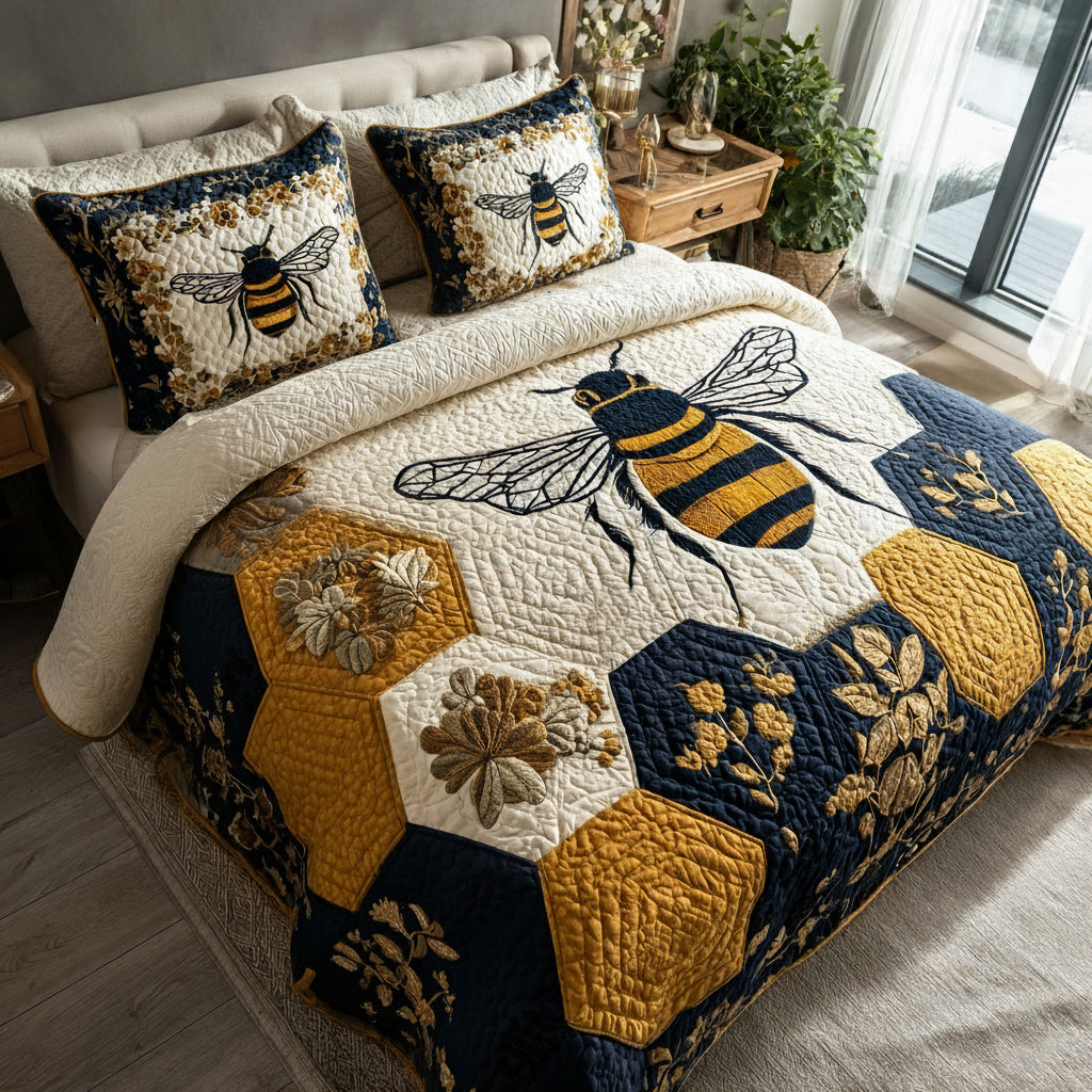 Royal Bee Quilted Bedding Set Beautiful Bedding Merch Gift for a Peaceful Sleep