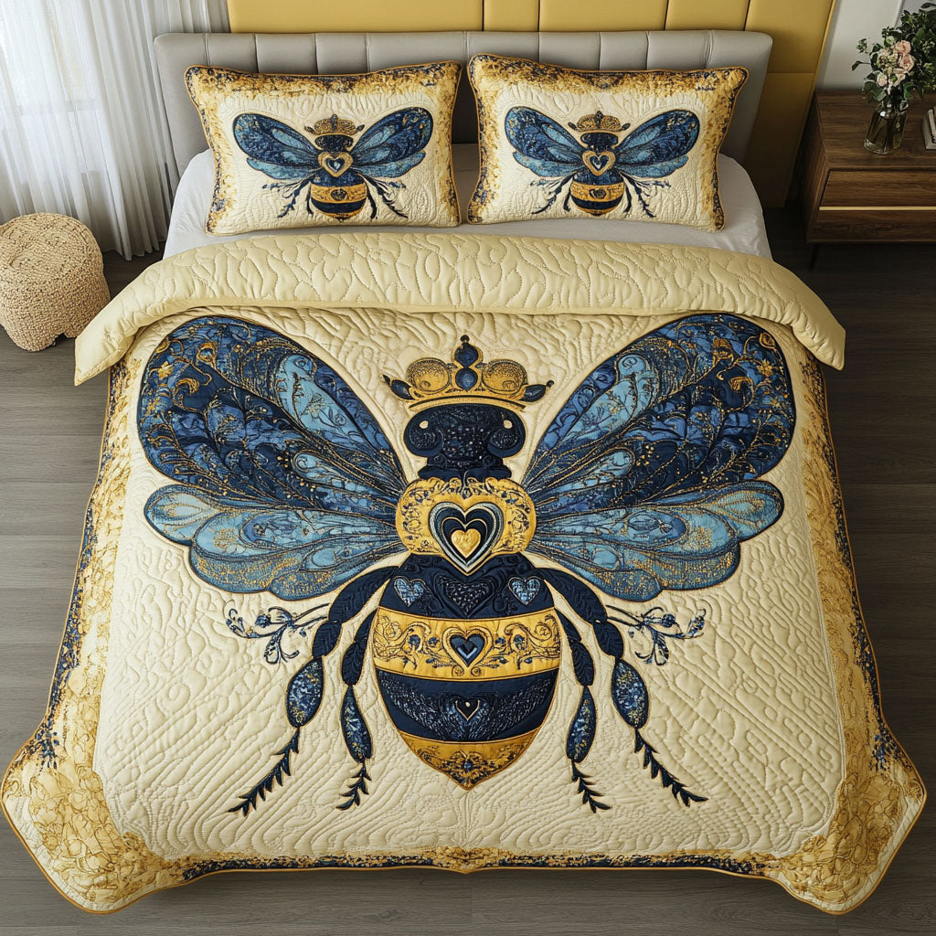Royal Blue Bee Quilted Bedding Set Bed Room Decoration Unique Bee Gift Ideas