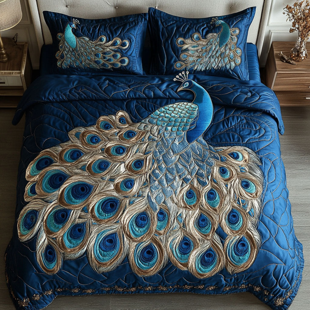 Royal Blue Splendor Quilted Bedding Set Best Bedspread Set Gifts For Peacock Lovers