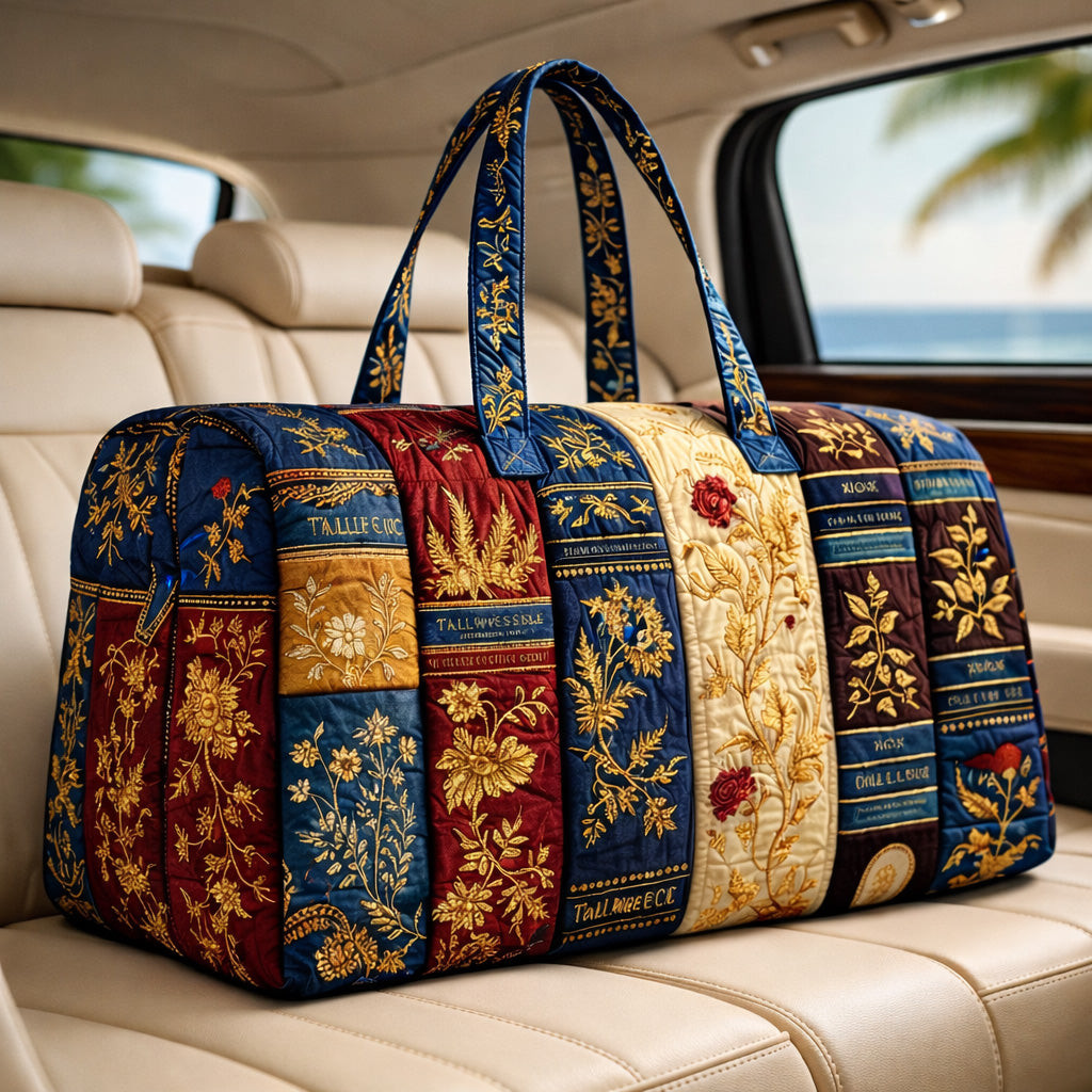 Royal Botanical Volumes Quilted Duffle Bag Navy Gold Floral Book Spine Travel Bag Best Gift For Her